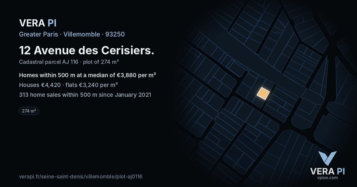 12 Avenue des Cerisiers, Villemomble at night – the plot lit, the parcels around coloured by the prices near them