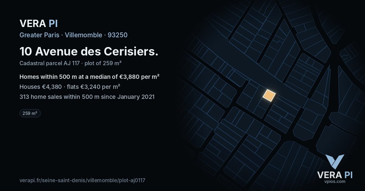 10 Avenue des Cerisiers, Villemomble at night – the plot lit, the parcels around coloured by the prices near them