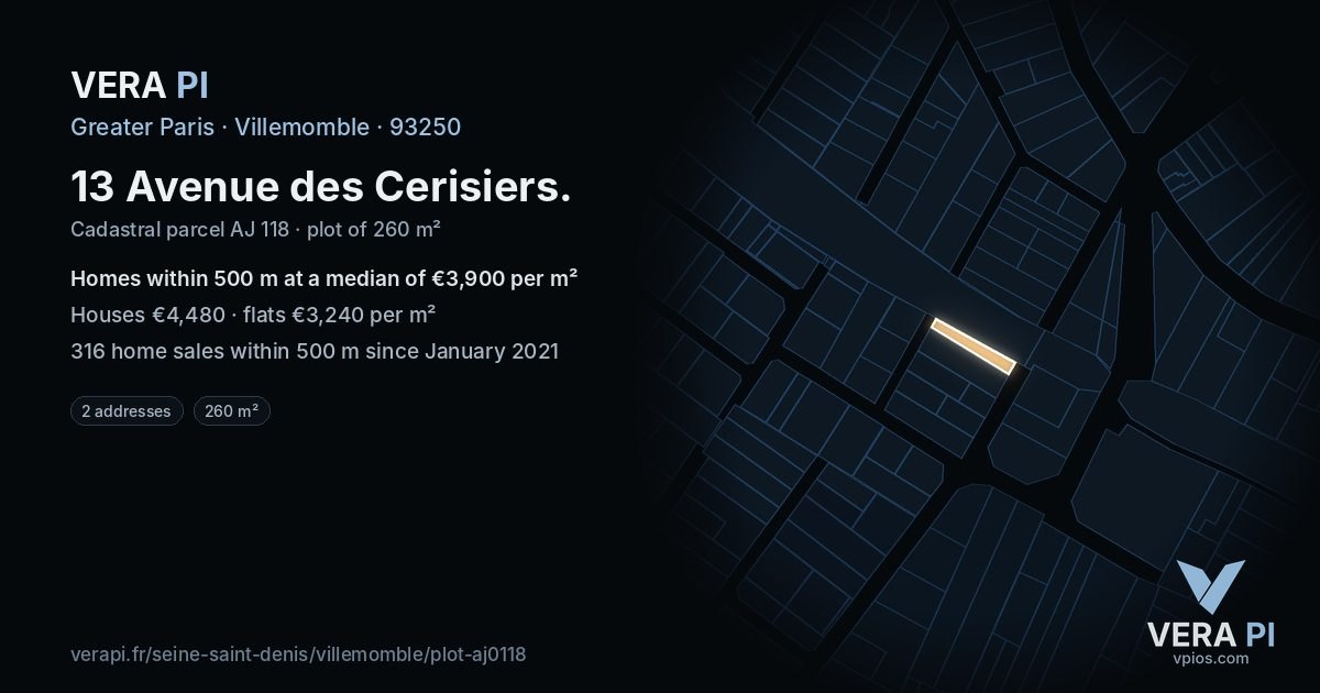 13 Avenue des Cerisiers, Villemomble at night – the plot lit, the parcels around coloured by the prices near them