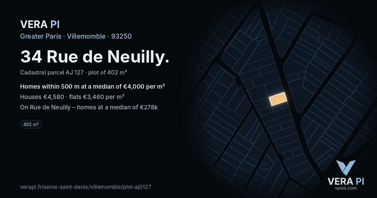 34 Rue de Neuilly, Villemomble at night – the plot lit, the parcels around coloured by the prices near them