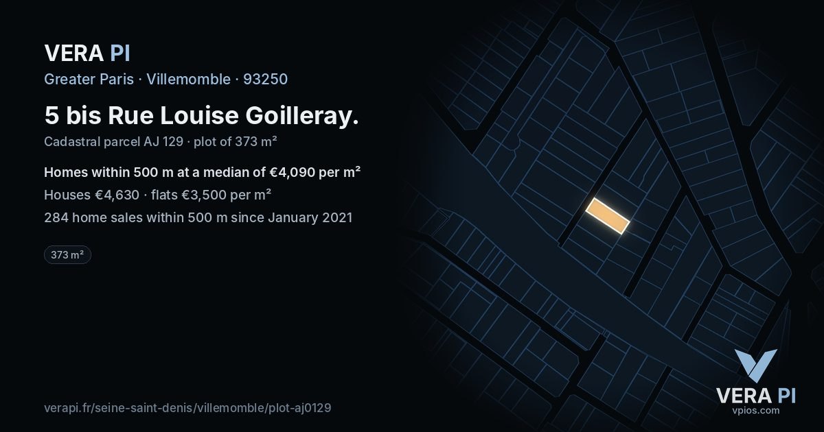 5 bis Rue Louise Goilleray, Villemomble at night – the plot lit, the parcels around coloured by the prices near them