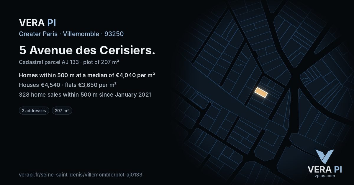 5 Avenue des Cerisiers, Villemomble at night – the plot lit, the parcels around coloured by the prices near them