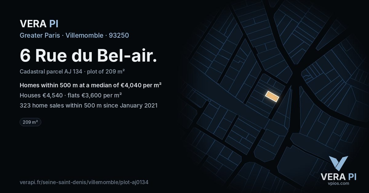 6 Rue du Bel-air, Villemomble at night – the plot lit, the parcels around coloured by the prices near them