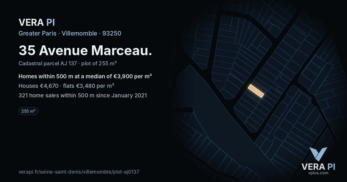 35 Avenue Marceau, Villemomble at night – the plot lit, the parcels around coloured by the prices near them