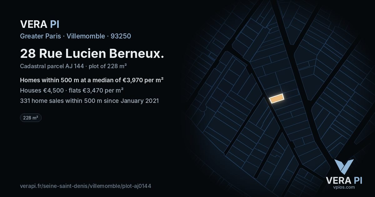 28 Rue Lucien Berneux, Villemomble at night – the plot lit, the parcels around coloured by the prices near them