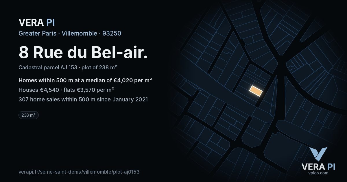 8 Rue du Bel-air, Villemomble at night – the plot lit, the parcels around coloured by the prices near them