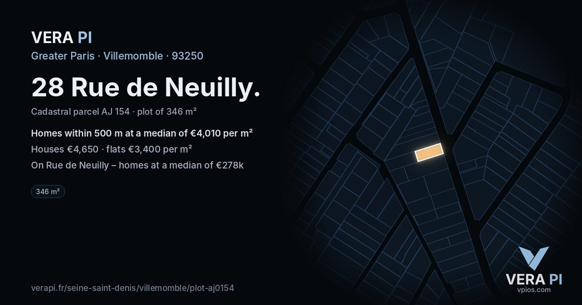 28 Rue de Neuilly, Villemomble at night – the plot lit, the parcels around coloured by the prices near them