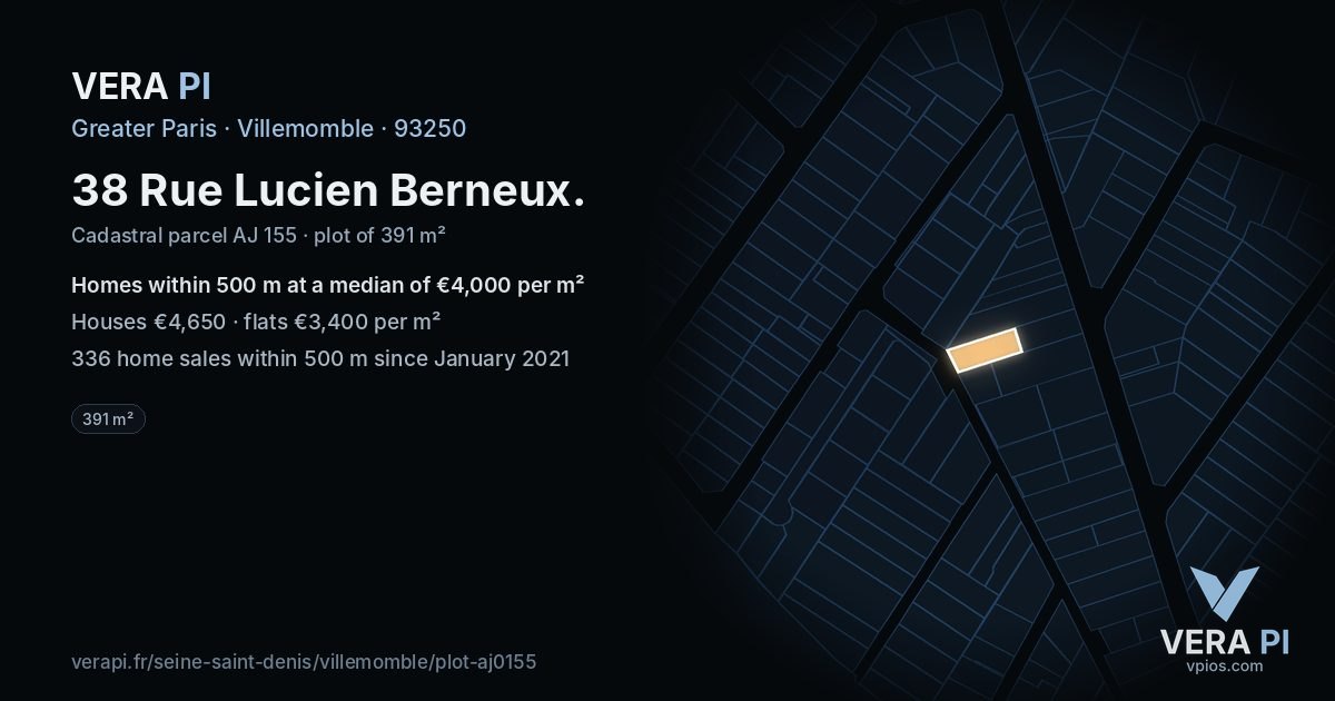 38 Rue Lucien Berneux, Villemomble at night – the plot lit, the parcels around coloured by the prices near them