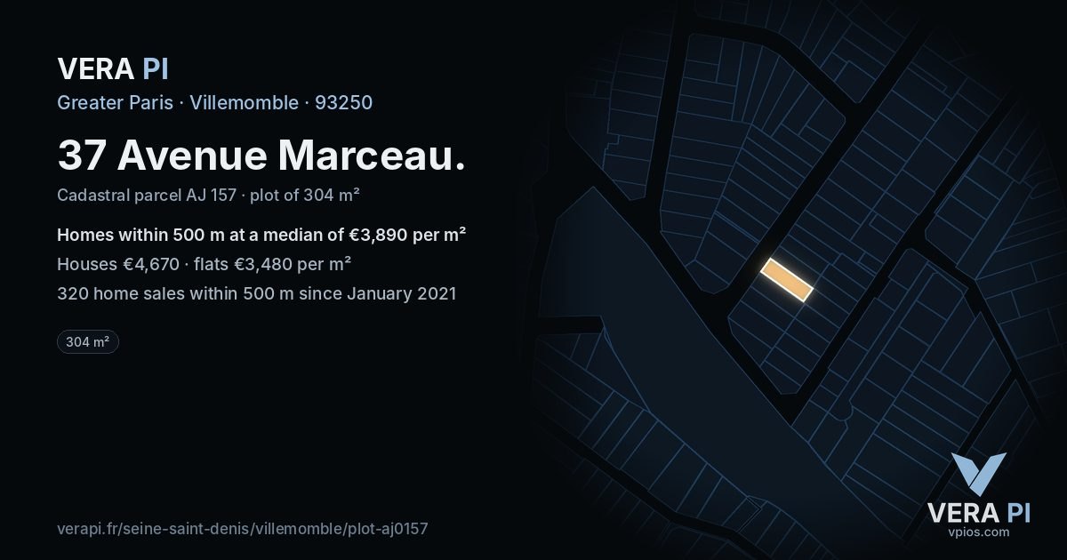37 Avenue Marceau, Villemomble at night – the plot lit, the parcels around coloured by the prices near them