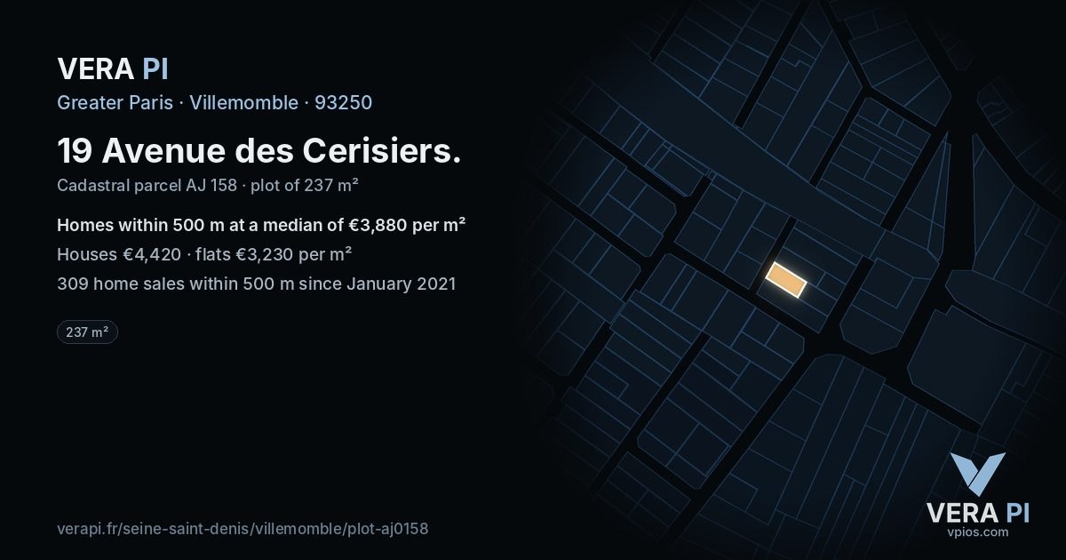 19 Avenue des Cerisiers, Villemomble at night – the plot lit, the parcels around coloured by the prices near them