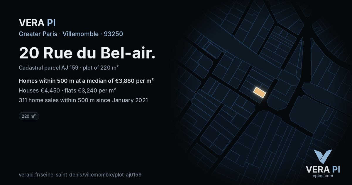 20 Rue du Bel-air, Villemomble at night – the plot lit, the parcels around coloured by the prices near them