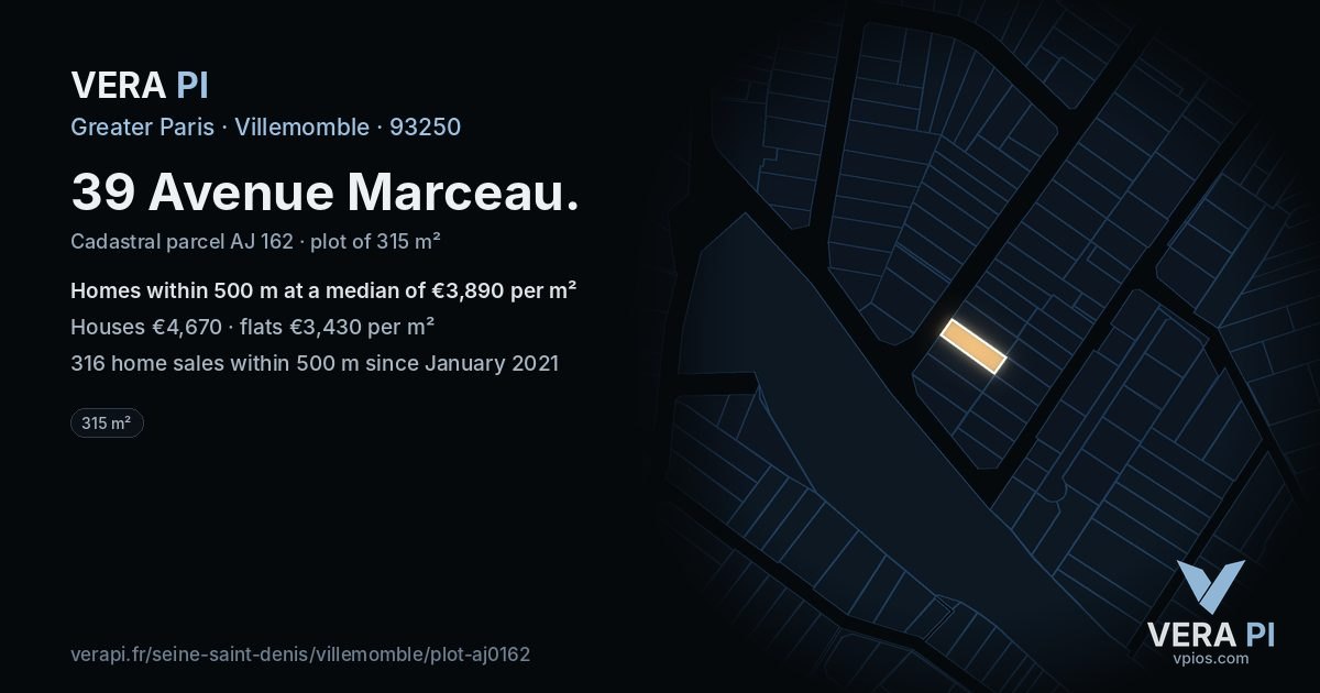 39 Avenue Marceau, Villemomble at night – the plot lit, the parcels around coloured by the prices near them