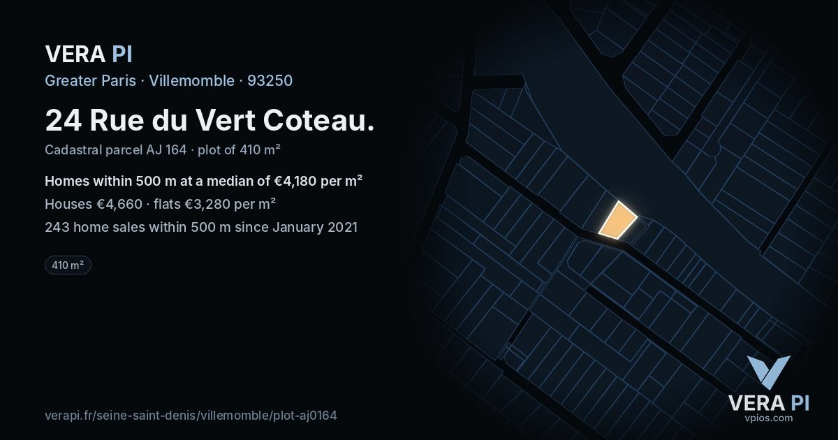 24 Rue du Vert Coteau, Villemomble at night – the plot lit, the parcels around coloured by the prices near them