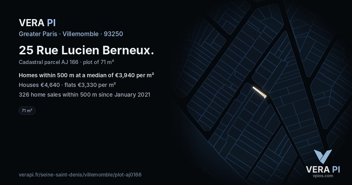 25 Rue Lucien Berneux, Villemomble at night – the plot lit, the parcels around coloured by the prices near them
