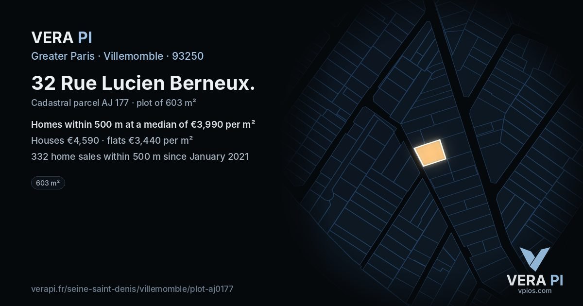 32 Rue Lucien Berneux, Villemomble at night – the plot lit, the parcels around coloured by the prices near them