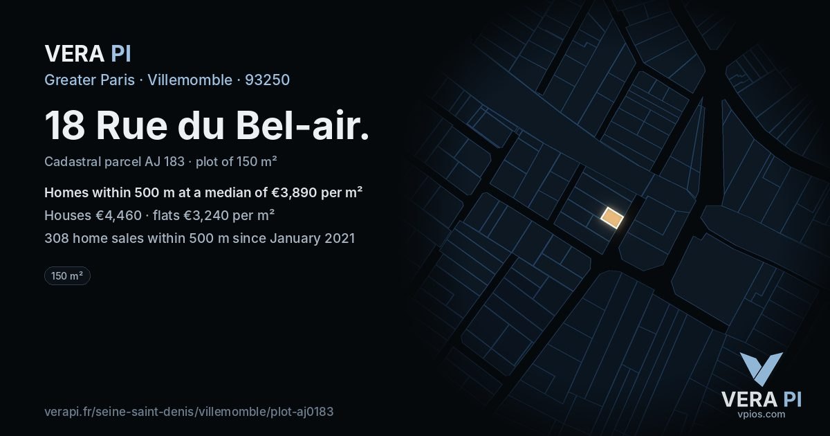 18 Rue du Bel-air, Villemomble at night – the plot lit, the parcels around coloured by the prices near them