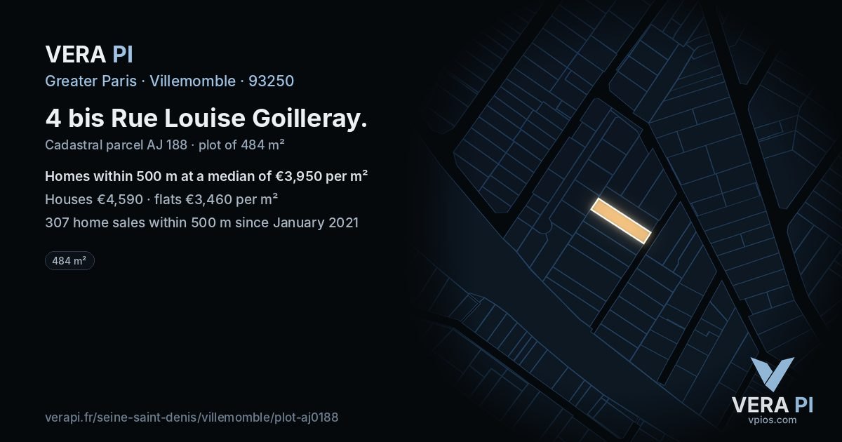 4 bis Rue Louise Goilleray, Villemomble at night – the plot lit, the parcels around coloured by the prices near them