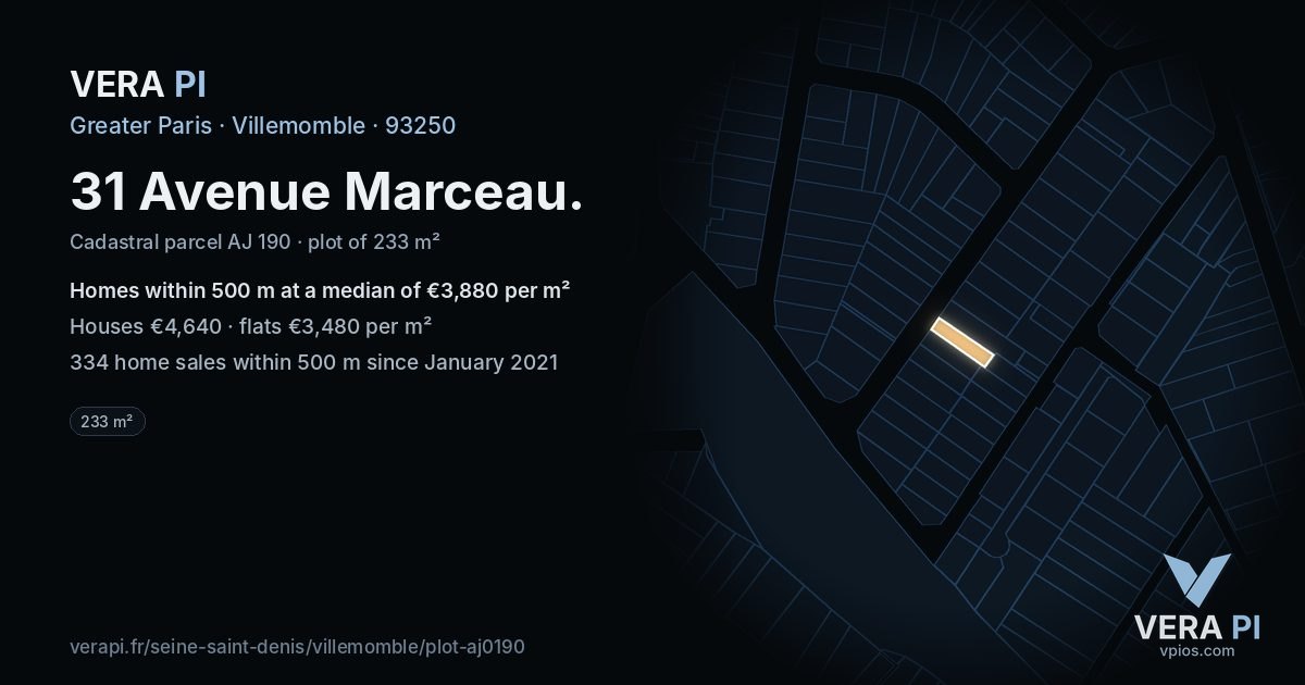 31 Avenue Marceau, Villemomble at night – the plot lit, the parcels around coloured by the prices near them