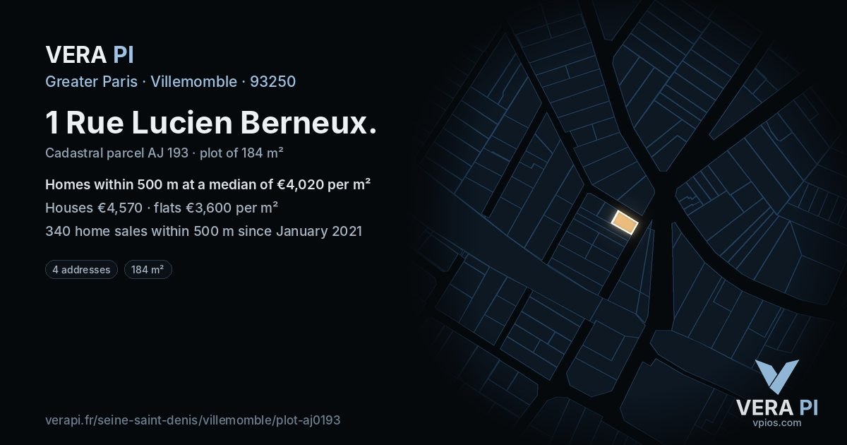 1 Rue Lucien Berneux, Villemomble at night – the plot lit, the parcels around coloured by the prices near them