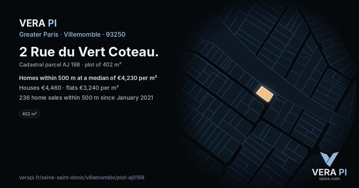 2 Rue du Vert Coteau, Villemomble at night – the plot lit, the parcels around coloured by the prices near them