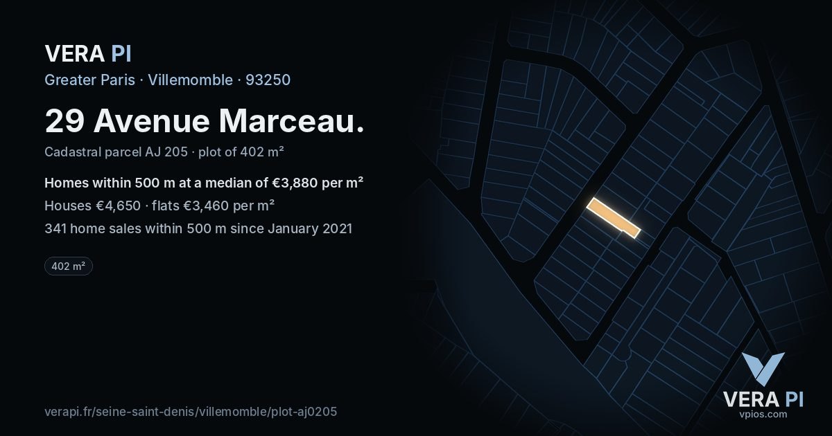 29 Avenue Marceau, Villemomble at night – the plot lit, the parcels around coloured by the prices near them