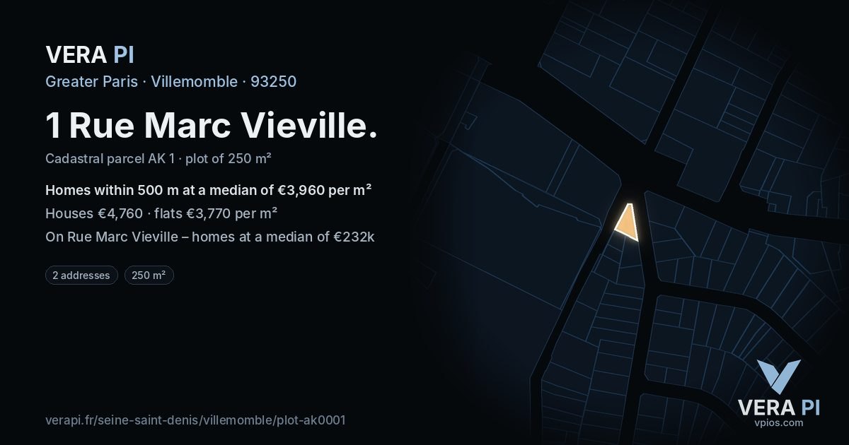 1 Rue Marc Vieville, Villemomble at night – the plot lit, the parcels around coloured by the prices near them