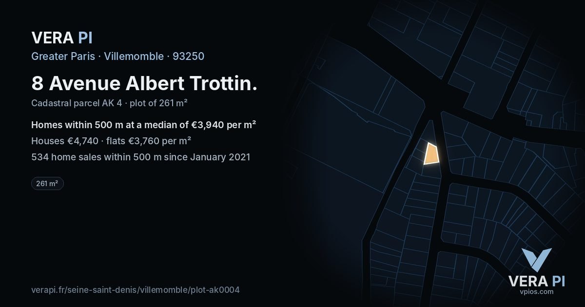 8 Avenue Albert Trottin, Villemomble at night – the plot lit, the parcels around coloured by the prices near them