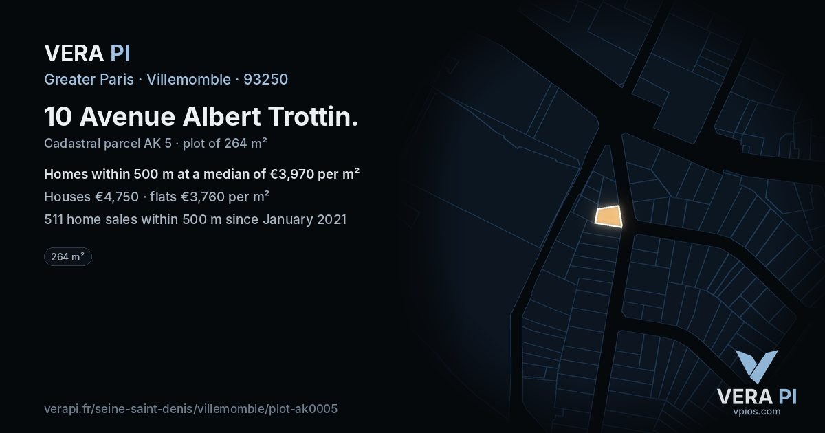 10 Avenue Albert Trottin, Villemomble at night – the plot lit, the parcels around coloured by the prices near them