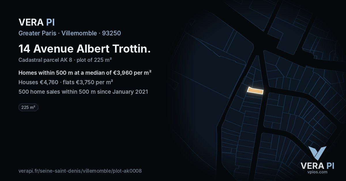 14 Avenue Albert Trottin, Villemomble at night – the plot lit, the parcels around coloured by the prices near them