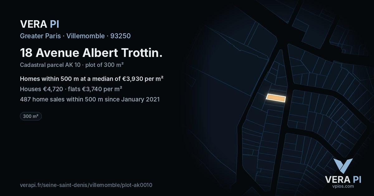 18 Avenue Albert Trottin, Villemomble at night – the plot lit, the parcels around coloured by the prices near them