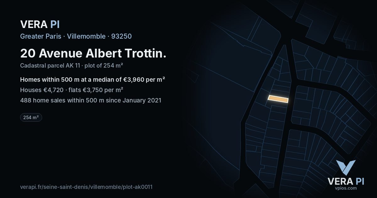 20 Avenue Albert Trottin, Villemomble at night – the plot lit, the parcels around coloured by the prices near them