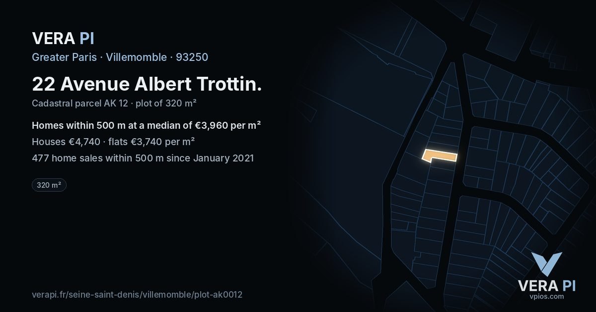 22 Avenue Albert Trottin, Villemomble at night – the plot lit, the parcels around coloured by the prices near them