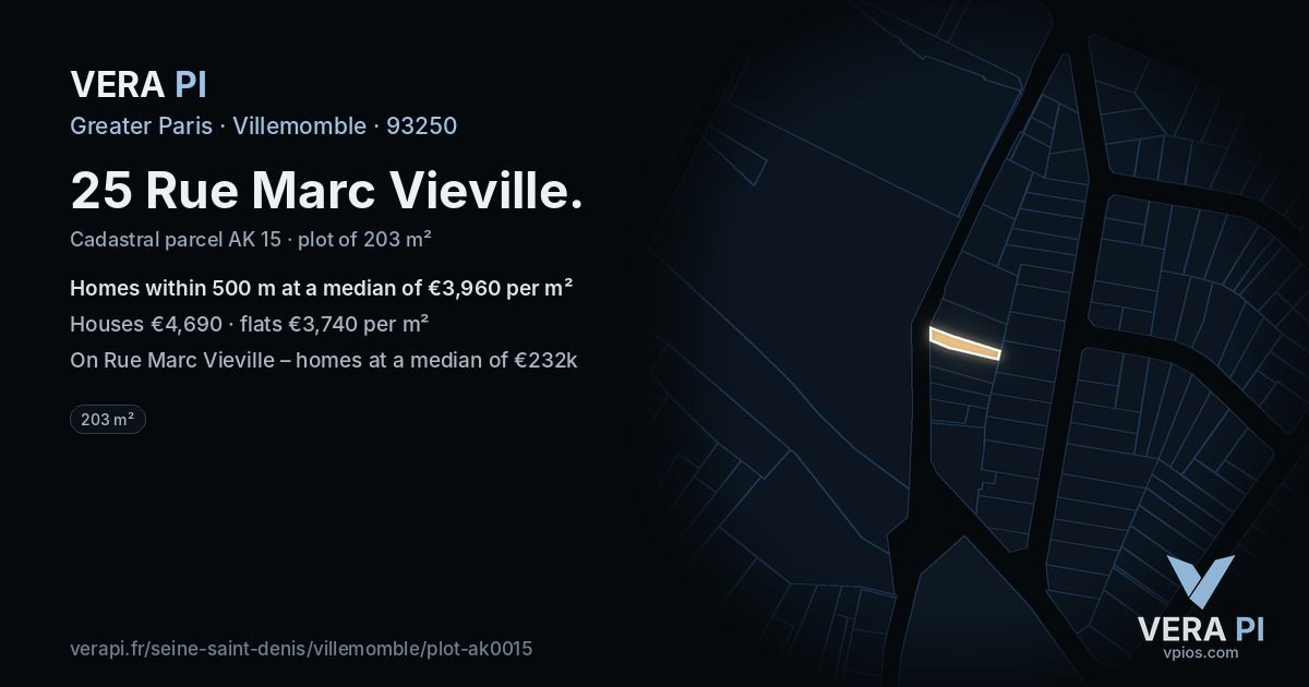25 Rue Marc Vieville, Villemomble at night – the plot lit, the parcels around coloured by the prices near them