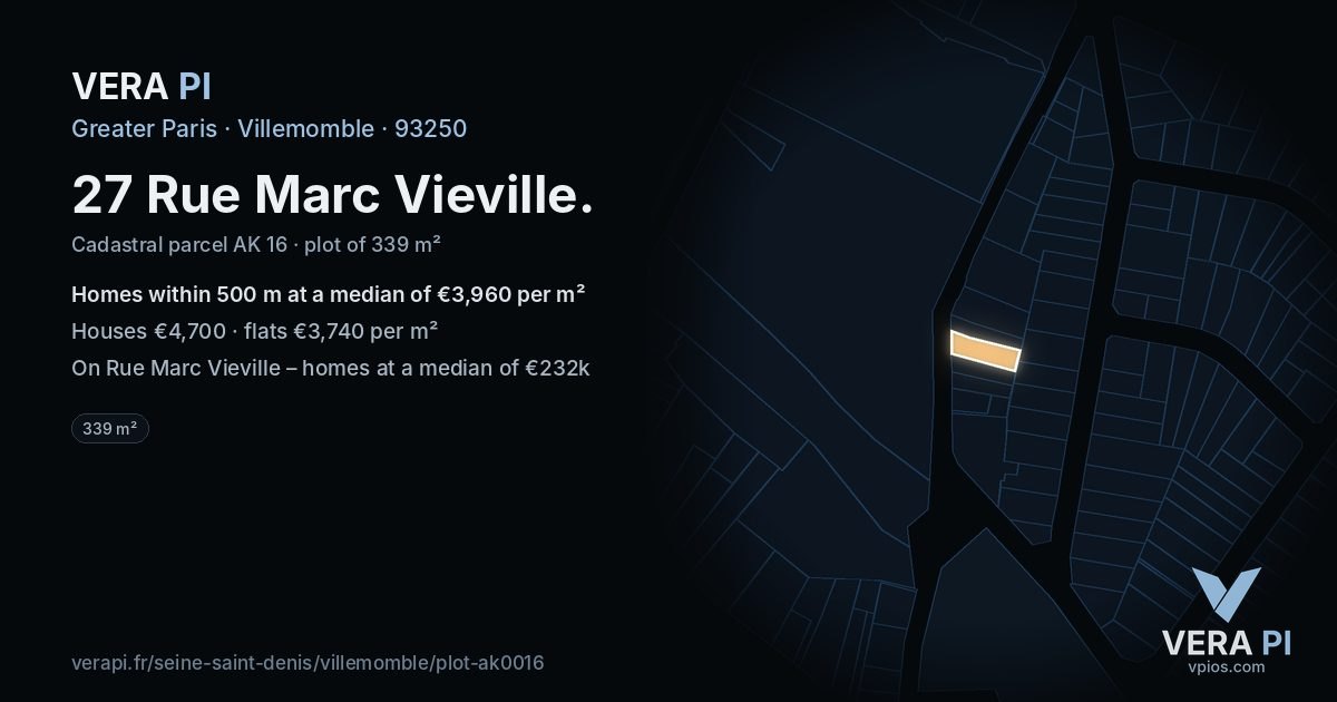 27 Rue Marc Vieville, Villemomble at night – the plot lit, the parcels around coloured by the prices near them