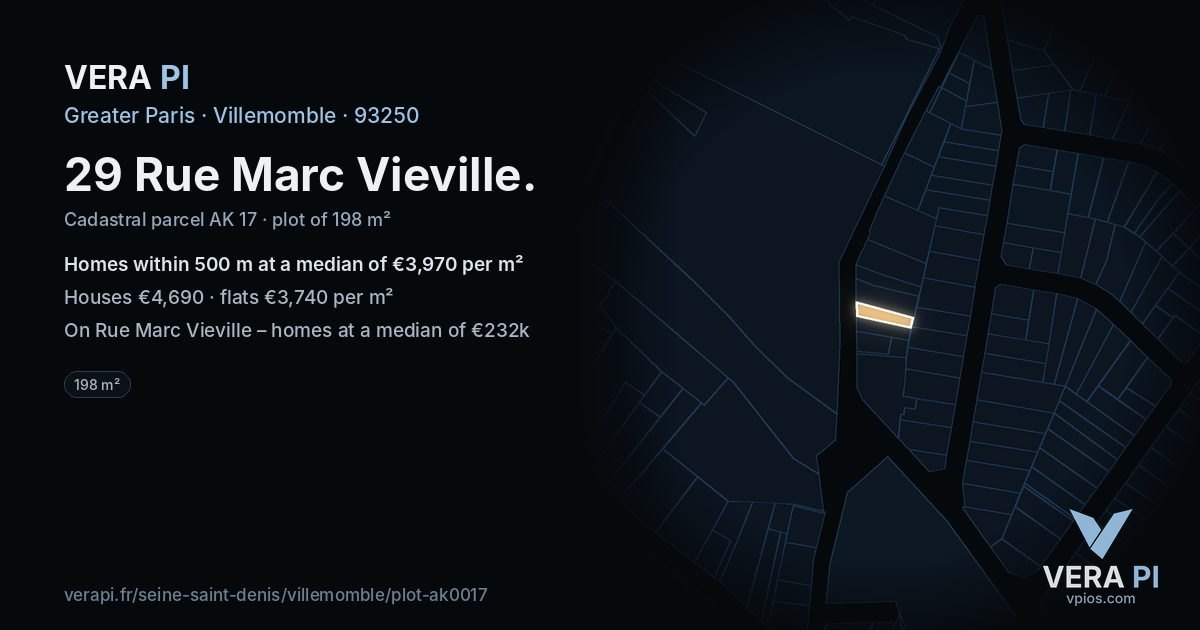 29 Rue Marc Vieville, Villemomble at night – the plot lit, the parcels around coloured by the prices near them