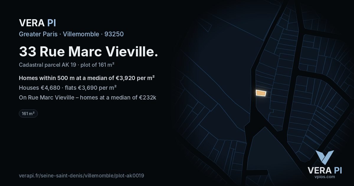 33 Rue Marc Vieville, Villemomble at night – the plot lit, the parcels around coloured by the prices near them