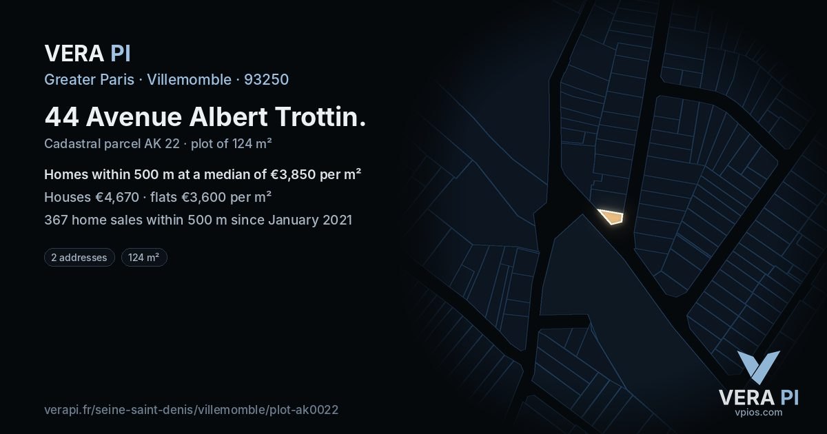 44 Avenue Albert Trottin, Villemomble at night – the plot lit, the parcels around coloured by the prices near them