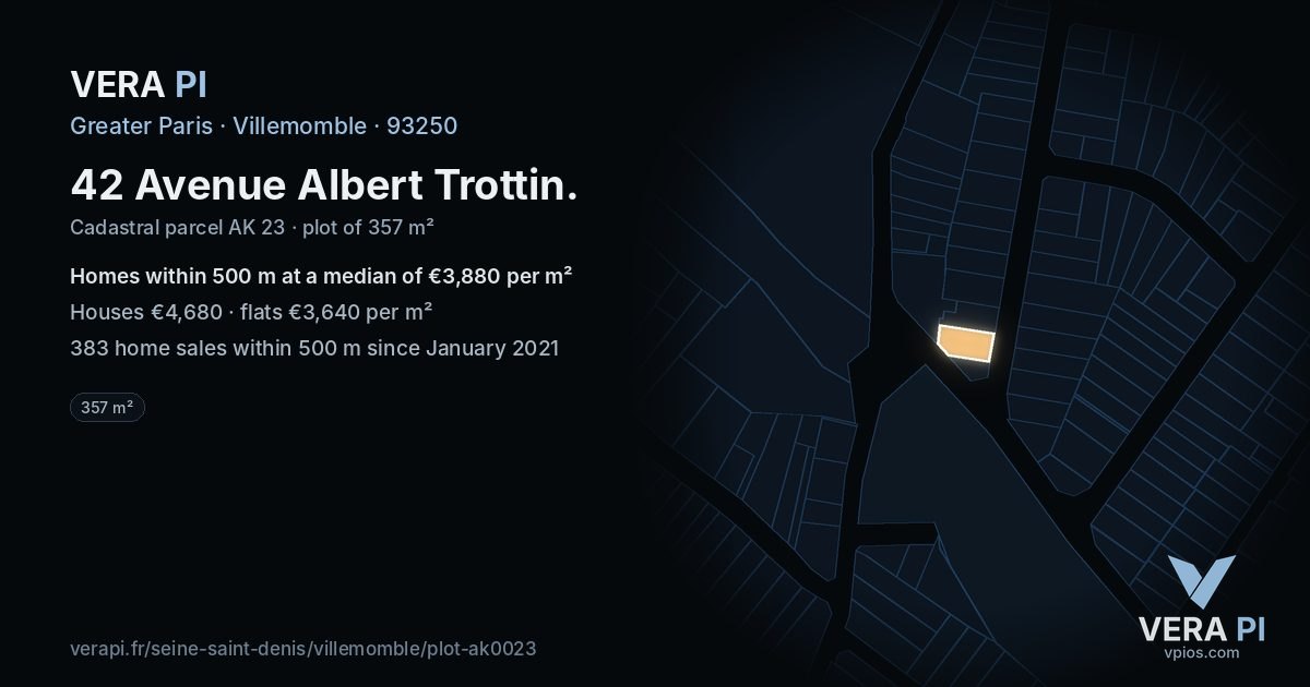 42 Avenue Albert Trottin, Villemomble at night – the plot lit, the parcels around coloured by the prices near them