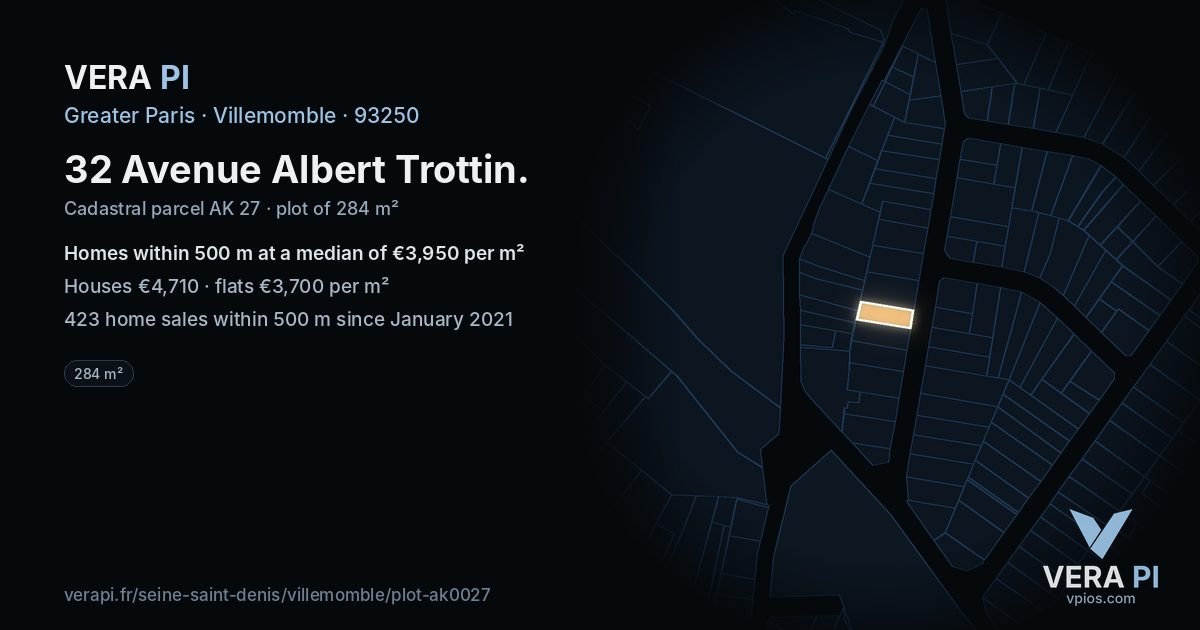 32 Avenue Albert Trottin, Villemomble at night – the plot lit, the parcels around coloured by the prices near them