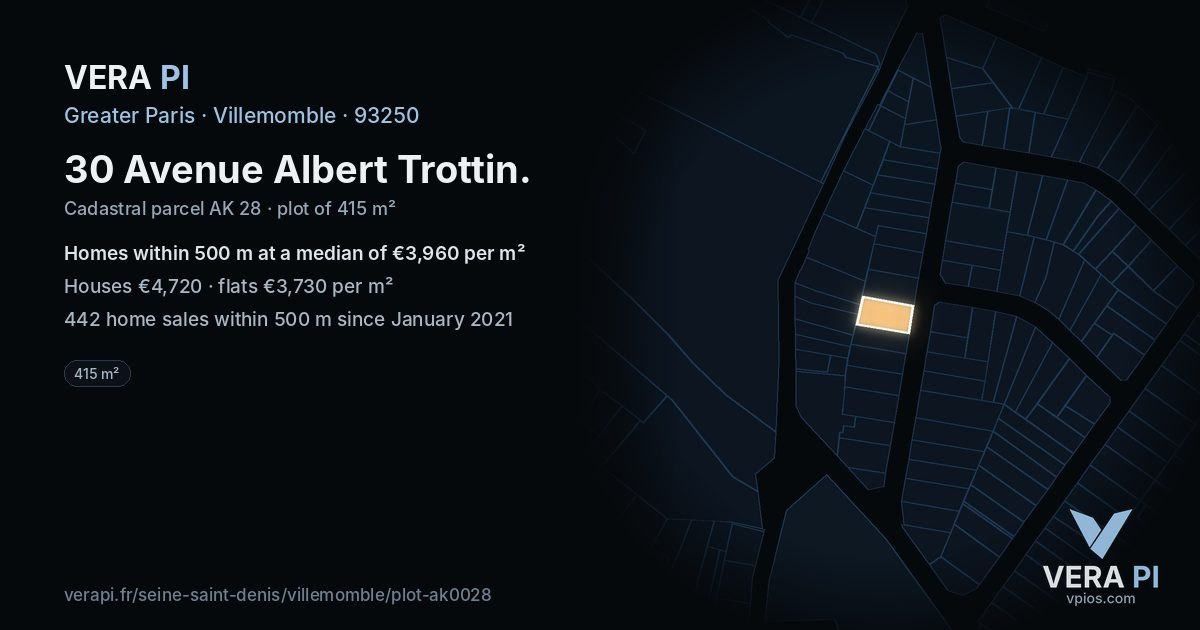 30 Avenue Albert Trottin, Villemomble at night – the plot lit, the parcels around coloured by the prices near them