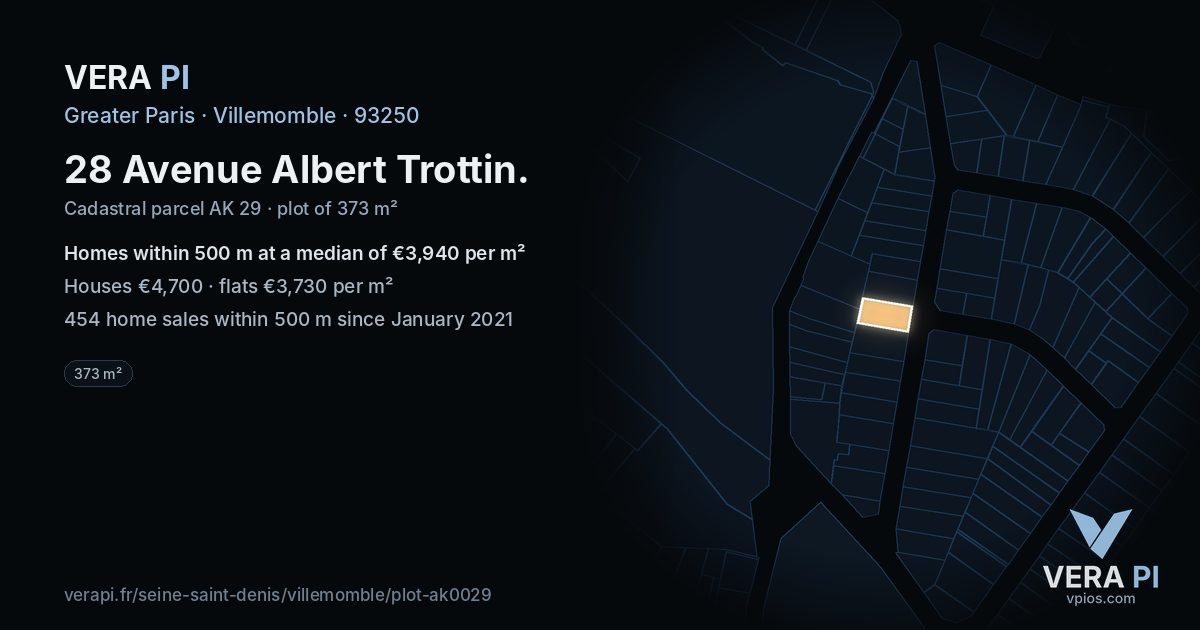 28 Avenue Albert Trottin, Villemomble at night – the plot lit, the parcels around coloured by the prices near them