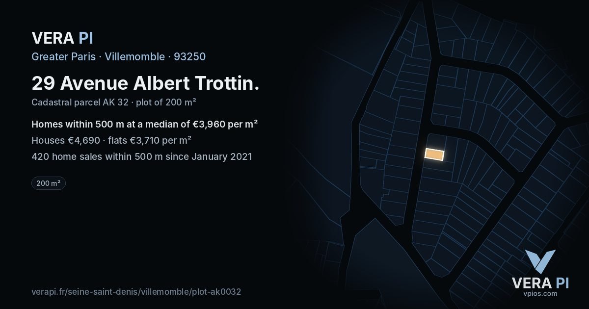 29 Avenue Albert Trottin, Villemomble at night – the plot lit, the parcels around coloured by the prices near them