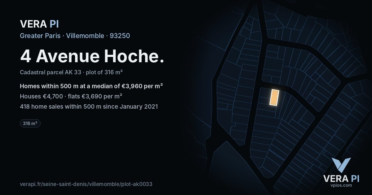 4 Avenue Hoche, Villemomble at night – the plot lit, the parcels around coloured by the prices near them