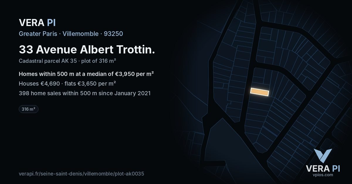 33 Avenue Albert Trottin, Villemomble at night – the plot lit, the parcels around coloured by the prices near them