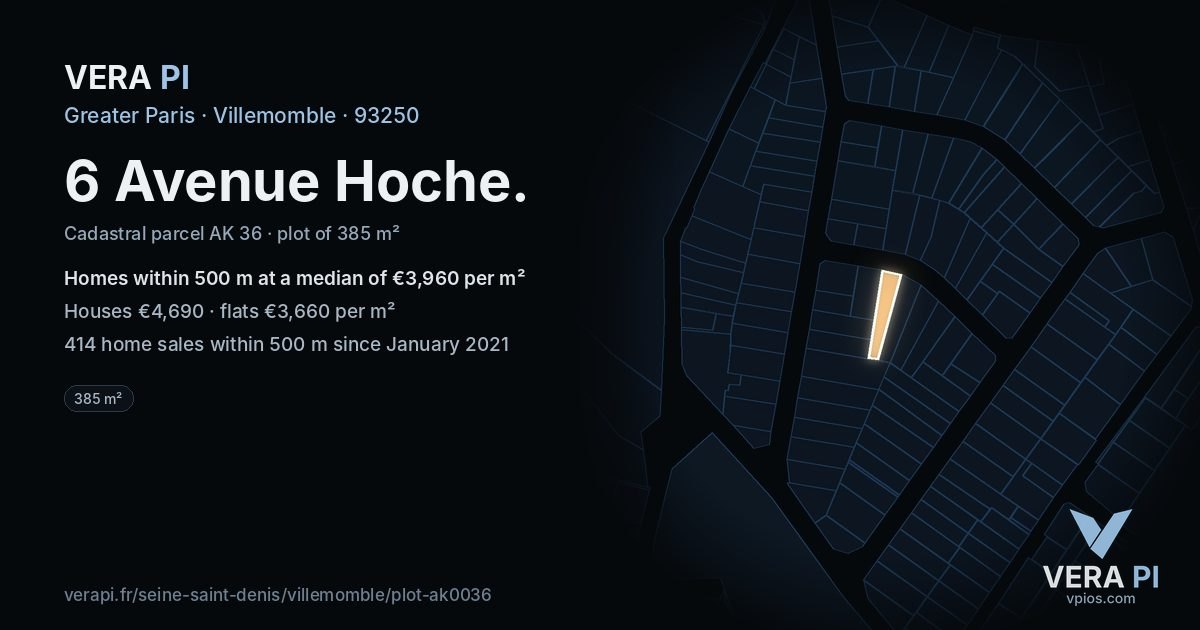 6 Avenue Hoche, Villemomble at night – the plot lit, the parcels around coloured by the prices near them
