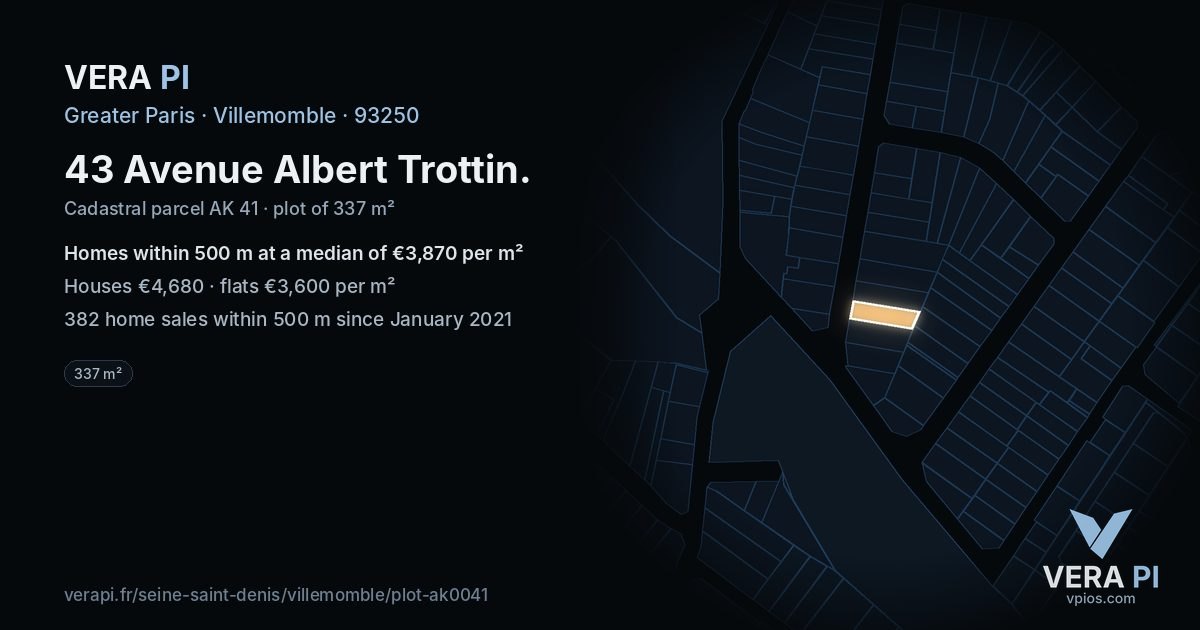 43 Avenue Albert Trottin, Villemomble at night – the plot lit, the parcels around coloured by the prices near them