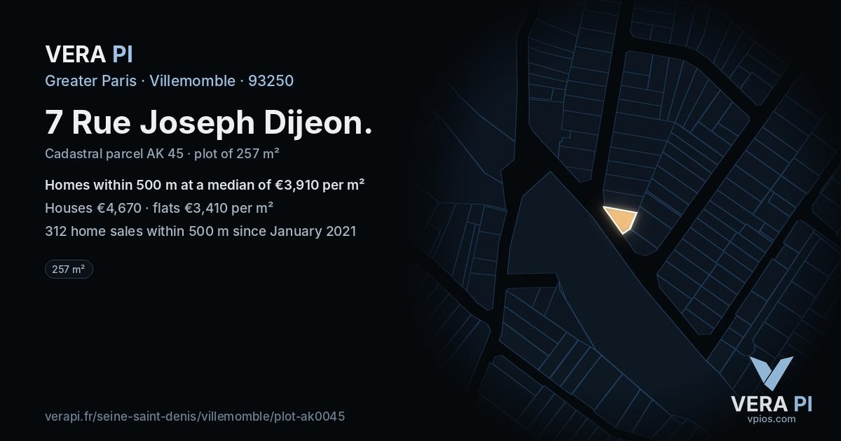 7 Rue Joseph Dijeon, Villemomble at night – the plot lit, the parcels around coloured by the prices near them