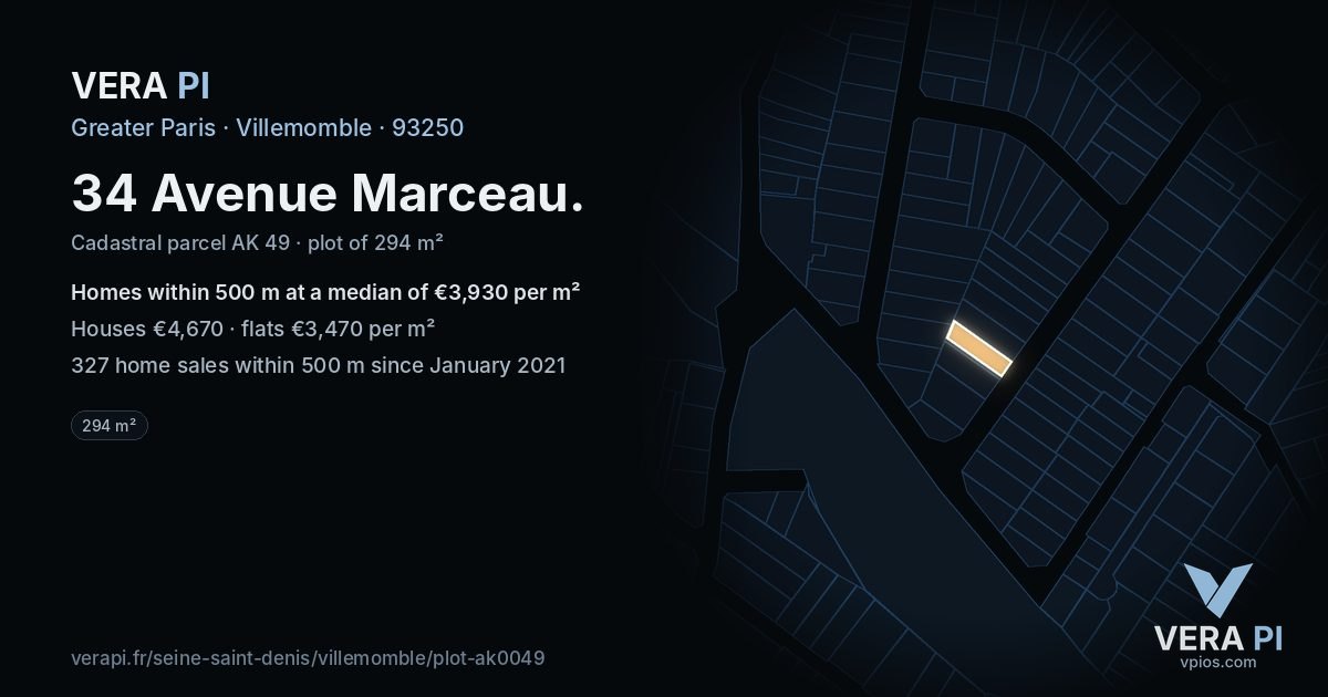 34 Avenue Marceau, Villemomble at night – the plot lit, the parcels around coloured by the prices near them