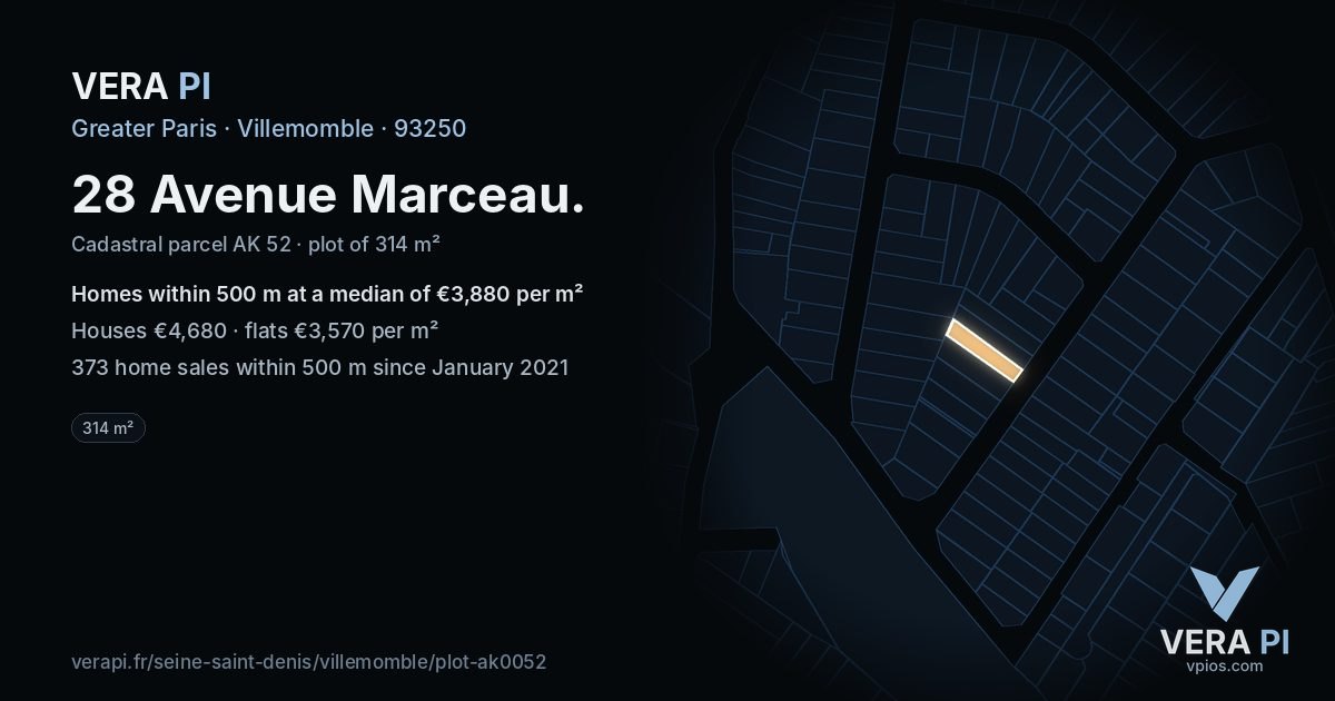 28 Avenue Marceau, Villemomble at night – the plot lit, the parcels around coloured by the prices near them