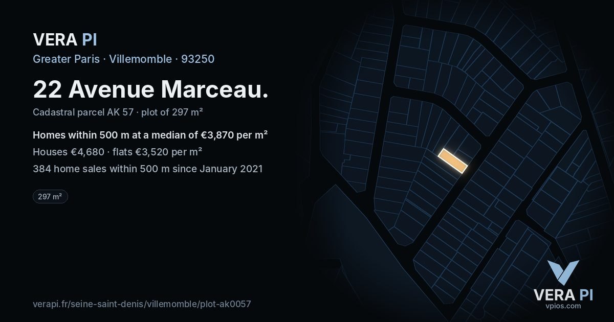22 Avenue Marceau, Villemomble at night – the plot lit, the parcels around coloured by the prices near them